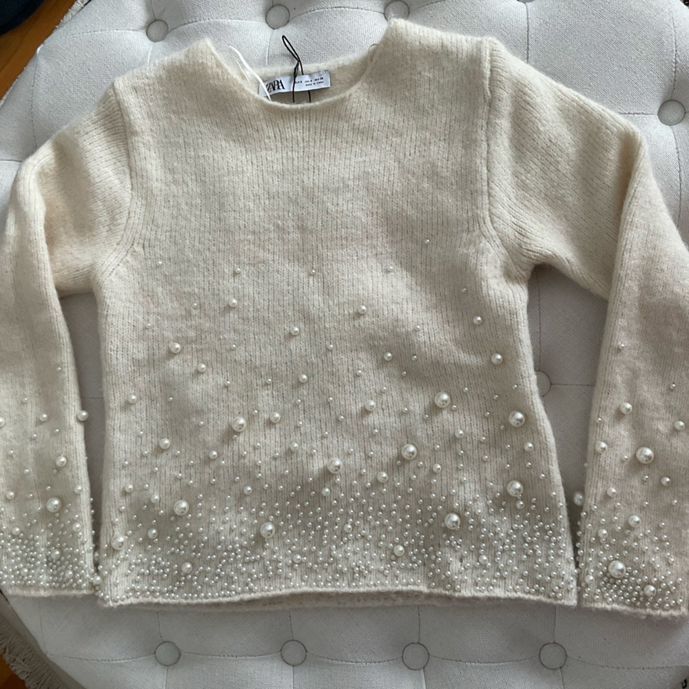 Zara Cream Crew Neck Sweater with Embellishments - Picture 7 of 8